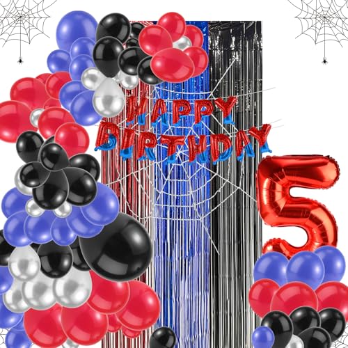 Spider Party decoraties, Inclusief brief Banner nummer ballon Spider web achtergrond hangen gordijnen ballonnen in verschillende maten voor baby douche decoratie voor jongens meisjes (Nummer 5)