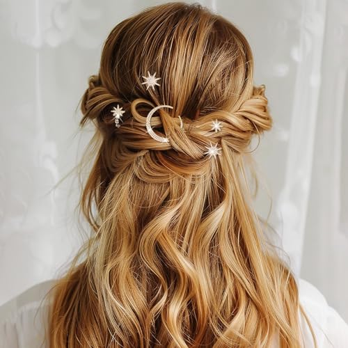 Pack of 6 Star Metal Hair Clips Accessoires, Dames Star Moon Hair Accessoires met Rhinestones, Hairpins voor Bruid en bruiloften, Hair Accessoires voor vrouwen en meisjes(Gold) 5