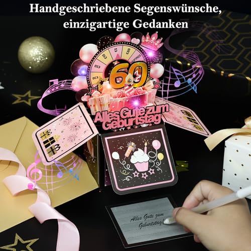 60e verjaardagskaart met muziek - 3D Pop Up kaart verjaardag met licht en interactieve kaarsen, wenskaart, verjaardagscadeau voor vrouw Man 3