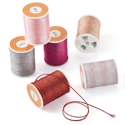 6 Rolls metalen draad touwen, 1mm Polyester metalen touw gevlochten kralen koord voor armband sieraden maken Macrame ambachten, Magenta naar donkerrood 3