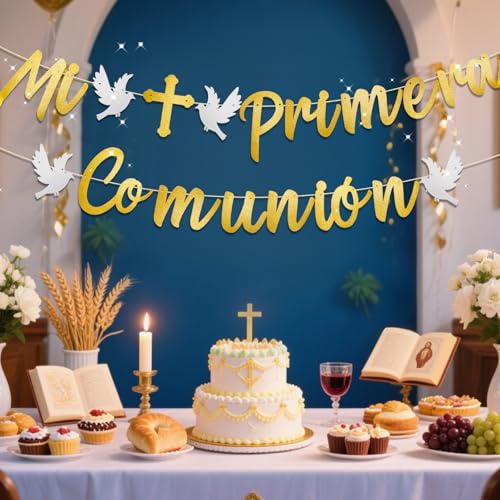 Mi Primera Comunion Banner, Gold Glitter Paper Banner Pull Flag Mi Primera Comunion Decoraties voor Spaanse Communie Religieuze Partij Doop Partij Supplies (Pre-strund) 3