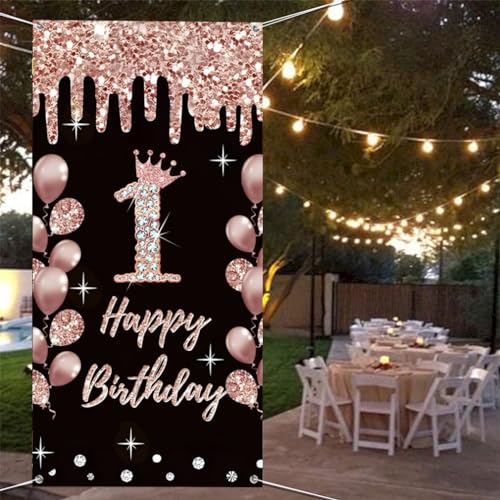 1e verjaardag decoratie voor meisjes gelukkig 1e verjaardag poster deur banner zwart en roze stof teken muur / deur banner 1e verjaardag achtergrond banner meisjes verjaardag feest welkom teken 3