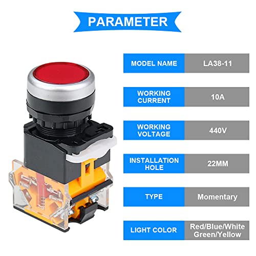 6Pcs 440V 22mm Momentaire drukknopschakelaar 10A 5 kleur (rood/Bule/groen/wit/geel/zwart) LA38-11 1NO 1NC Switch voor doe-het-zelf met 24 stuks vorkterminal