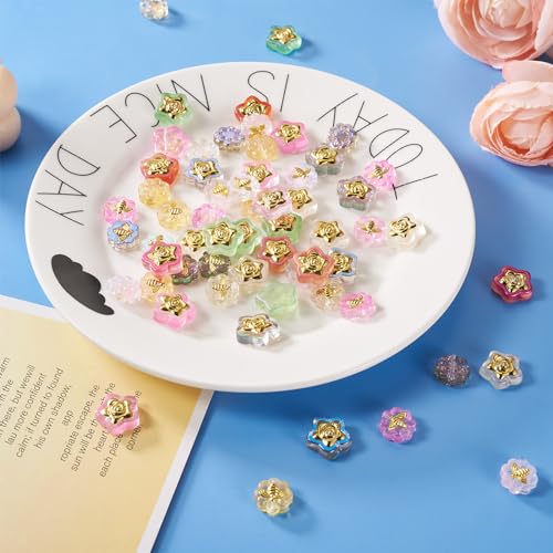 60 st Star & Flower Spray Geschilderde Glazen Kralen Bloem met Bijen Messing Ingelegde Glazen Kralen Star Shape met Glitter Poeder Spacer Kralen voor DIY sieraden maken 3