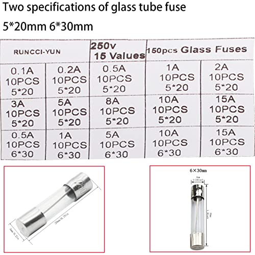 5 × 20 mm / 6 x 30 mm Glazen Fuse Set, Glazen Autobuis Fuses 0.1A, 0.2A, 0.5A, 1A, 2A, 3A, 5A, 8A, 10A, 15A, 5A, 5A, 5A, 20mm, 0,5A, 1A, 5A, 10A, 15A, 15A, 0,5A, 1A, 5A, 15A, A, 0,2 36 x 30 5