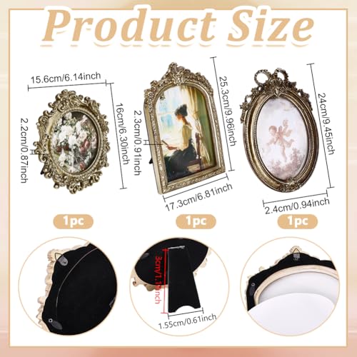 3Stuks 3 Styles Vintage Hars Frames, Gold Ornate Antieke Foto Frames Mini Frames voor Tafelblad Display Muur Hangende Home Decor, 6.3x6/10x6.8/9.4x6.5.160x156mm/253x173mm/240x165mm