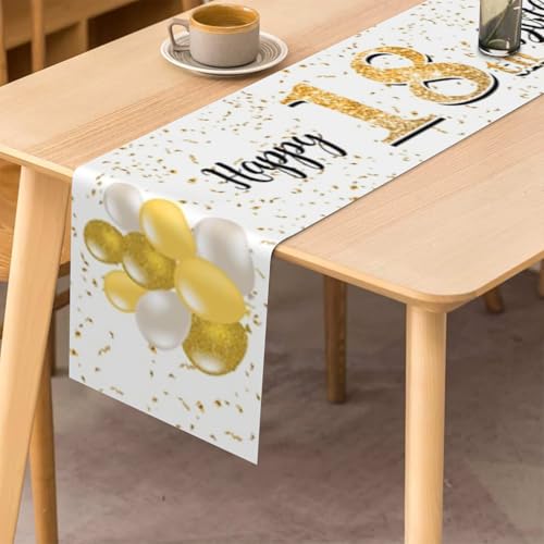 Happy tafelloper 18e verjaardag jongeren inrichting keuken ettafel inrichting tafelband verjaardagsfeest tafelkleed inrichting voor thuis, wit en goud