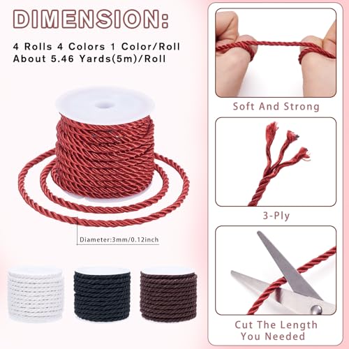 4 Rolls Polyester Twisted Cord 3mm Shiny Touw Cords Touw Decoratieve 3Ply Polyester Cords 4 Kleuren Twisted Cord voor hangende decoratie gordijnen Tieback Bag koorden 4