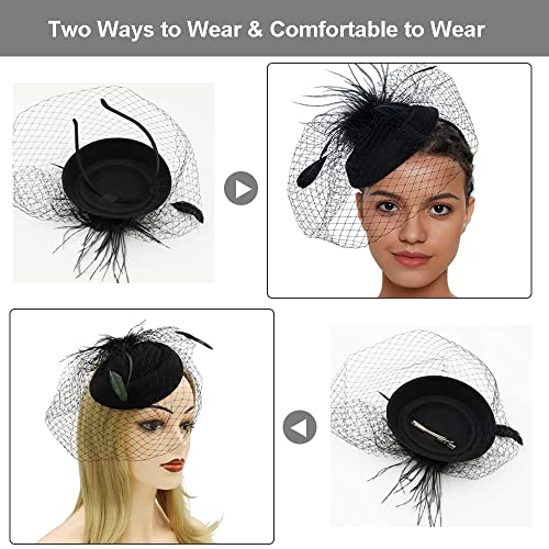 Fascinator hoed Vintage Veil Hat 50s bruiloft hoed pil Box Hoeden Veren Mesh gezicht Veil Hat Tea Party Headwear bruiloft Fascinator voor meisjes vrouwen, zwart 5