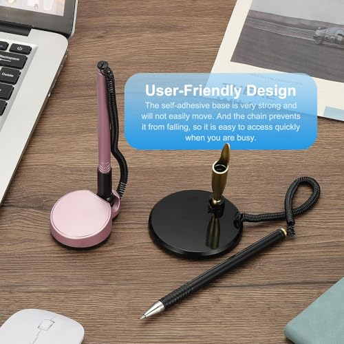 6 stuks veilige pen met zelfklevende ketting en veiligheidspendender, receptie balpennen, desktoppen, zwarte inktvullingen voor bureau, werkplek, kantoor, thuiszorgen, ronde basis 5