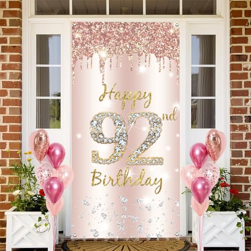 92e verjaardag Decoratie Vrouwen, Gelukkig 92e verjaardag Deur Banner Rose Gold,92e Verjaardag Stof Tekenposter Deur Decoratie,92nd Verjaardag Achtergrond Banner Dames,Birthday Party Welkom Teken 3