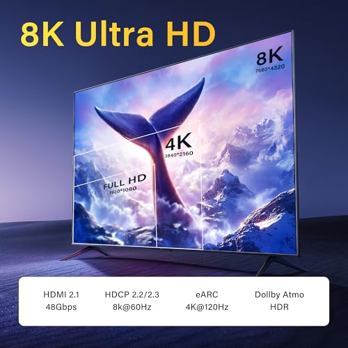 Ultra 8K Fiber HDMI Kabel High Speed HDMI 2.1 Kabel 48Gbps 8K@60Hz 4K@120 Hz Ondersteuning DDC CEC HPD eARC Compatibel met HDTV Xbox Blu-ray Monitor Laptop Projector (10FT) 3