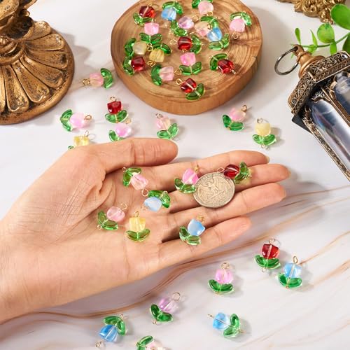 14 kleuren tulpen bloem bedeltjes 56 stuks Matte bloemvorm Glazen hangers Kleurrijke ondoorschijnende connector met lusjes voor oorbellen Vindt sieraden maken ambachten, glas 5