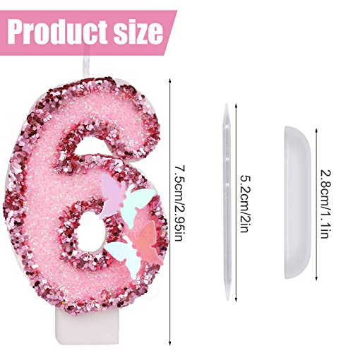 7,5cm Verjaardagsnummer Kaars, Glitter Roze Aantal Kaarsen Cake Topper Vlinder Verjaardag Kaarsen met pailletten voor verjaardag Feestartikelen (Nummer 6)