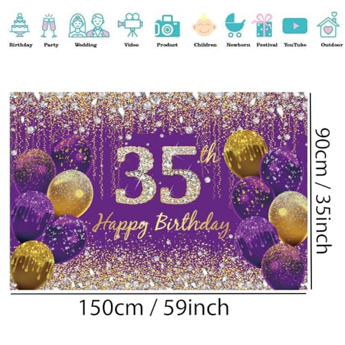 35e verjaardag decoratie voor vrouwen, paarse glitter vlekken stof teken poster verjaardag feest decoratie,35e verjaardag achtergrond banner vrouw,35e verjaardag feest decoratie 5