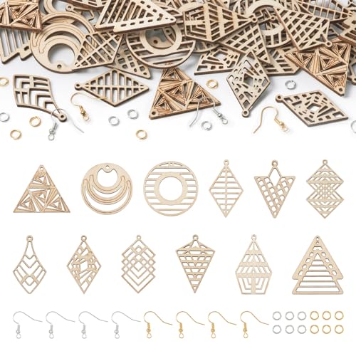 48st Natuurlijke Houten Filigree Dangle oorbel Hout Blanco Geometrie Driehoek Rhombus Platte ronde houten hangers voor Boho oorbel sieraden maken