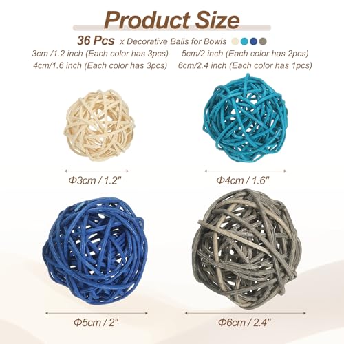 Wicker Rattan Ballen, 36 stuks Decoratieve Ballen voor Centerpiece Bowls, Home Decoratie 4 maten (Deep Blue/Blue/Grey/Natural/Natural, 6cm, 5cm, 4cm, 3cm)