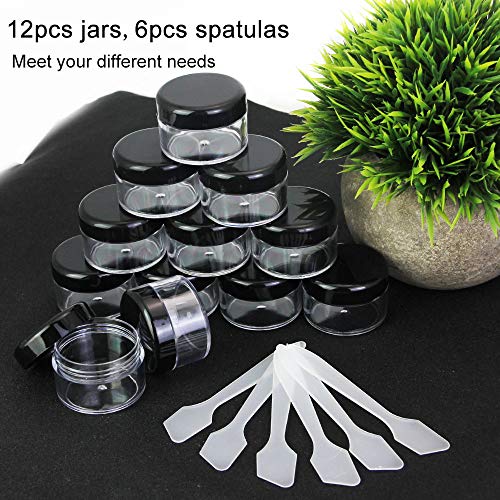 Cosmetic Container, 12 stuks Plastic Travel Jars, met zwarte schroef deksels, 15 ml Monster Containers, Jars, Flessen en 6 stuks Spatula's voor DIY Travel Makeup Creams/Powder/Mineral, Zwart, compact 5
