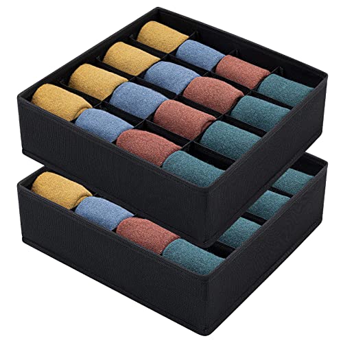 Verpakking van 2 opvouwbare lade Organisator Non-Woven Stof met 16 Compartiments Opbergdoos voor Sokken Bra Zakdoeken (Licht Zwart)