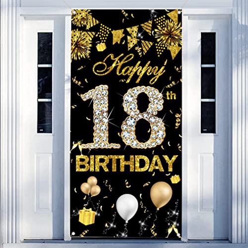 Gelukkig 18e verjaardag decoratie voor meisje, schattig 18e verjaardag banner zwart en goud, stof teken 18e verjaardag poster, 18e verjaardag deur banner voor meisjes verjaardag feest welkom 3