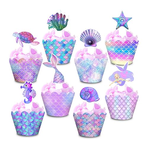 96Stuks Cake Decoratie Mermaid Cupcake Decoratie voor verjaardag Cupcake Toppers Wrappers Mermaid Thema Party Decoratie