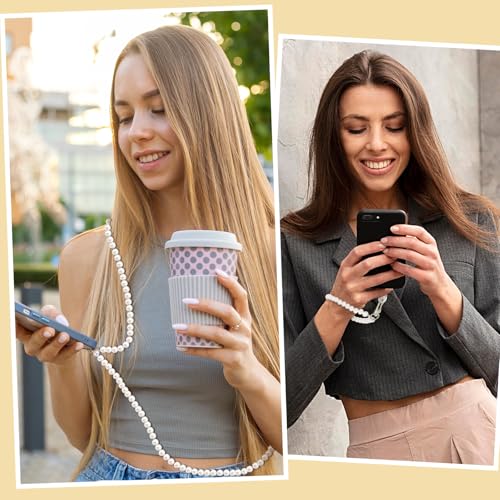 2 stuks Pearl Phone Chain, Anti-Lose Phone Chain, Universal Mobile Phone Chain, Phone Cord, Hand-free Phone, Polsband, Verwijderbare Crossbody Phone Chain met 2, Wit