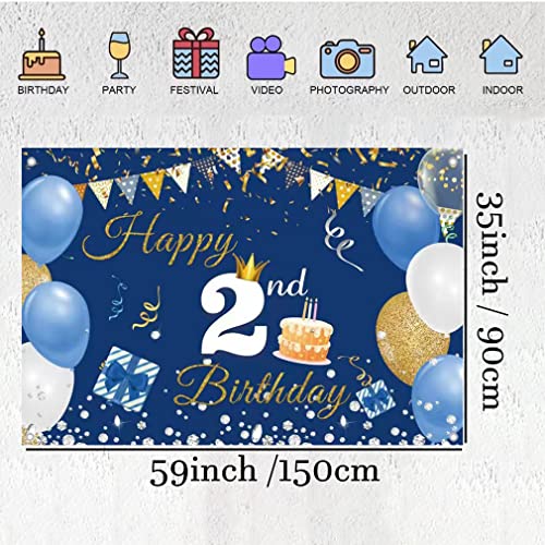 2nd Birthday Decorations for Boy/Girl, 2 Year Old Achtergrond Banner Fabric Sign Poster, Gelukkig 2nd Birthday Party Supplies, Blue Photography Achtergrond Welkom Sign, 150cmx90cm