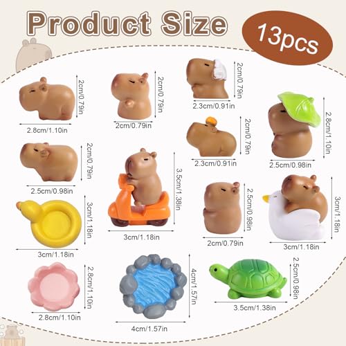 13 st. Mini Resin Capybara Beeldjes, Verzamelbare Dieren Speelgoed voor Auto Dashboard Decor Fairy Tuin Miniaturen Home Bureau Ornamenten DIY Ambachten Cadeau voor studenten Volwassenen