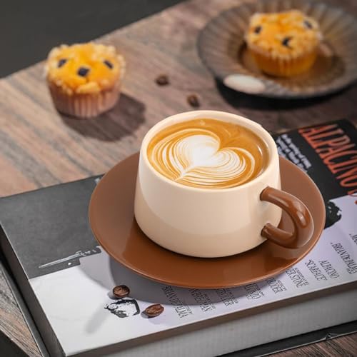 Koffie Beker 220 ml Set van Beker en Saucer, Koffie Bekers en Cappuccino, Middag Thee Beker, Ontbijt Bekers, Keramische, Espresso Bekers met Handvat voor Melk, Moka (Donker Bruin) 5