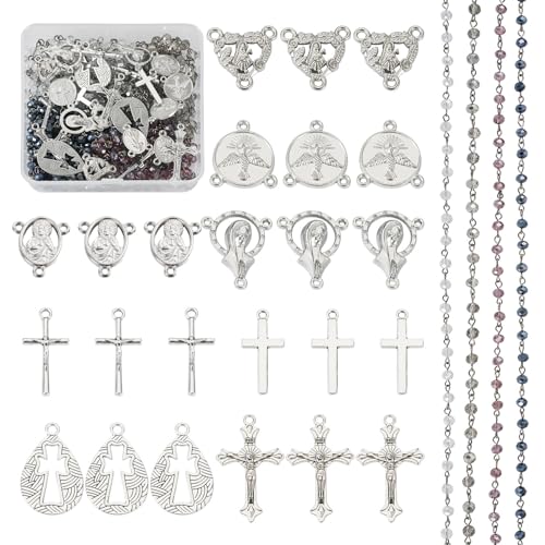 Rozenkralen kralen ketting glas kralen ketting kruis hangers zilveren Vintage Crucifix Charms Virgin Mary Chandelier Component Links voor doe-het-zelver Paassieraden maken