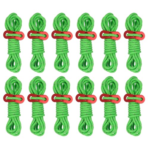 4mm Tent touw, 12Pcs 6.5ft Reflecterende Guy Touw koord gebonden touw Paracord Cord Camping Touwen met Rode Aluminium koord Richters voor Camping Wandeltent, Groen