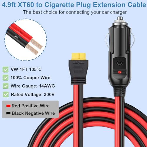 XT60 Bus to Sigaret Lighter Plug Extension Cable, 14 AWG XT60 Car Charging Cable, voor Solar Panel, Portable Power Supply, Chargers (4.9 Feet) 4