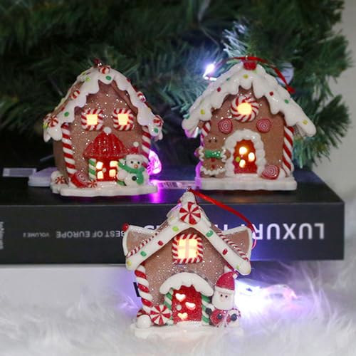 Set van 3 Kerstmis Home Ornamenten, Charmant Kersthuis met LED Lichtgevende Lichten, Zachte Keramische Decoratie Hanger voor Vakantie Feestelijke Decoratie (B) 4