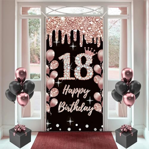 18e verjaardag decoratie voor meisjes gelukkig 18e verjaardag poster deur banner zwart en roos stof teken muur / deur banner 18e verjaardag achtergrond banner meisjes verjaardag feest welkom teken