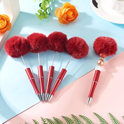 10Pcs Pom Pom Balpennen Rode Pluizige Kralen Pennen Plastic Kralen Pen Voor Geschenken Leerschool Kantoor Ambachtelijke Benodigheden