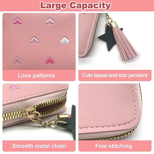 Kindertas, 2 stuks Schattig borduurwerk Thin Heart Small Purse Girls with Tassel Zip Wallet Slim Women Tieners Girls with Colourful Elastische Bands (Pink + Black), pink&black, modern 4