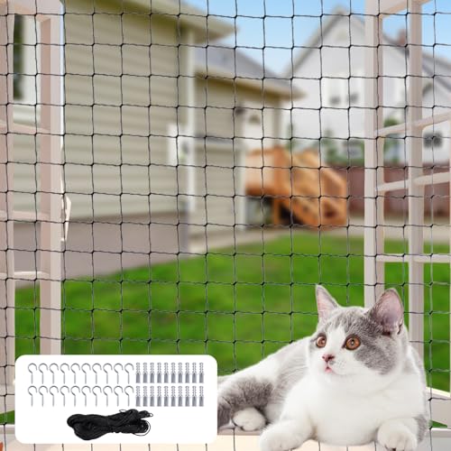 Kattenbeschermingsnet van nylon, 3 x 4 m, zwart kattennet voor balkon met heek, op maat te snijden, kattenbeschermingsnet voor balkon, scheurvast, geen boren, kattenbescherming, Ramen voor deuren
