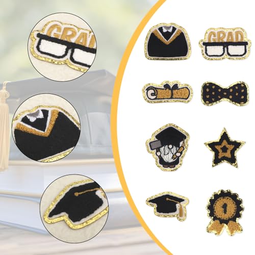 8 st Geborduurde afstudeerpatches, 8 stijlen Cute Strijken Appliqué Patches voor kledingmutsen Jeans Coats Afstudeercaps en jurken (zwart en goud) 4