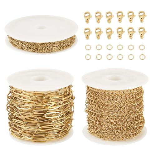 3 rollen 4M goud roestvrij Steel Paperclip ketting Metalen ovale Link Kabel ketting Twisted Curb Kettingen met Jump Rings Klauw sluitingen voor armband ketting sieraden maken