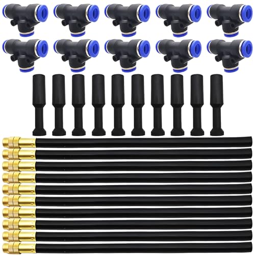 Irrigatiesproeiers, Dujelixa 10 stuks Mistspuit Universele aanpassing 20 cm Mist Systeem Besproeiingssproeier met 10 stuks T-Type Connector + 10 stuks Chokeplug voor Besproeiing Greenhouse Lawn