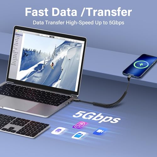 USB Type C C Coil Cable 5 Gbit/s 90 Degree Intrekbare USB 3.0 naar USB C Oplaadkabel en gegevensoverdracht voor telefoon, tablet en andere USB-C-apparaten (M naar D) 3