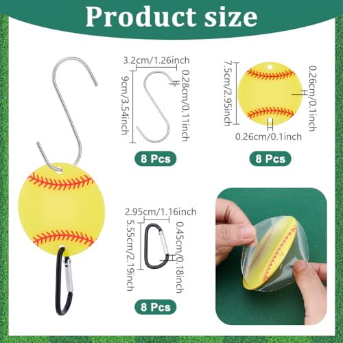 8 sets tas haak voor hek, acryl sport bal hek hak met zware S-haken en sleutelsluitingen voor vleermuis pack waterfles liefhebber speler geschenken, geel, 75 x 2,6 mm, Gat: 2,6 mm