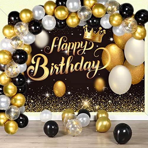 Gelukkige verjaardag feest decoratie voor mannen/vrouwen, 30ste 40ste 50ste 60ste Verjaardagsstof Tekenposter Verjaardagsfeest Achtergrond Banner Verjaardagsdecoratie Zwart en Goud, 150cm x 90cm 3
