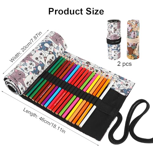 2 Stukken Canvas Roll Up Potlood Case 36 Gaten voor gekleurde potloden met grote capaciteit, Pouch houder Portable Roll Up Pen Houder, Canvas Potlood Roller voor gekleurde potloden, Penselen, Tekening