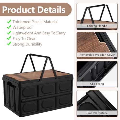 Campingdoos, 30 Liter, Picknickmand, Opbergdoos, Stapelbaar, Camping, Opvouwdoos, Opvouwdoos, Zwart, Kamperen Tafel, Stapeldozen, Plastic Box met Lid, voor thuis, Kantoor, Camping 3