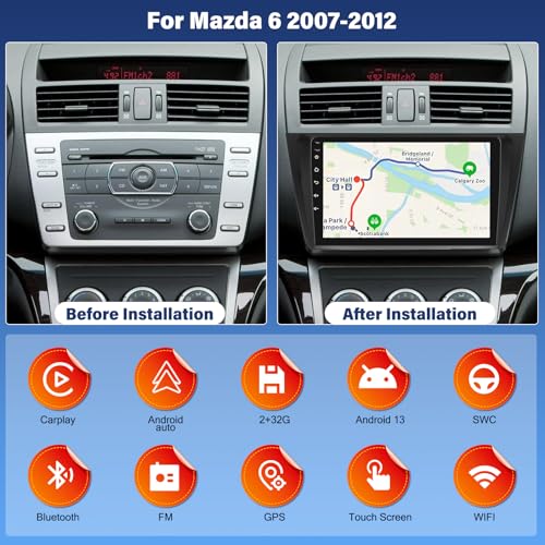 4G + 64G Android 14 Autoradio voor Mazda 6 2007-2012 met draadloze CarPlay Android Car 9 inch Touch Screen Car Radio met GPS WiFi Bluetooth FM/RDS/SWC MIC Camera achteraan