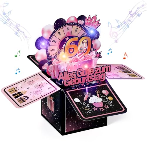 60e verjaardagskaart met muziek - 3D Pop Up kaart verjaardag met licht en interactieve kaarsen, wenskaart, verjaardagscadeau voor vrouw Man