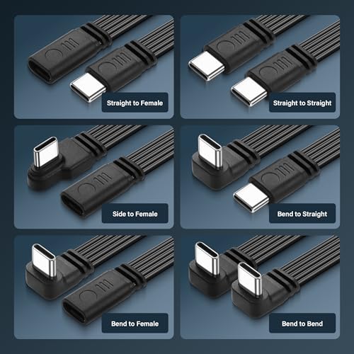 USB-C Extension Cable, USB C 2.0 Type C, Flat Silicone Cable, USB-C Data Cable, 90° Angle Plug to Plug, Efficiënt laden en gegevensoverdracht voor externe SSD, mobiele telefoons (UP-UP) 5