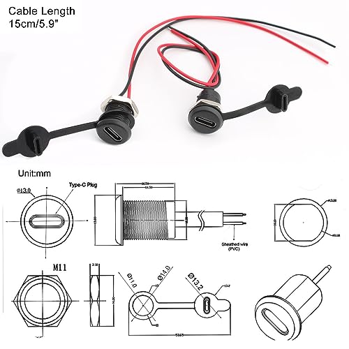 Verpakking van 6 waterdichte USB-C Connector, 2-draads installatie, Type C C Connector, USB-C Connector voor Panelmontage, met Nut Fuse Plate, Stofhoes 5
