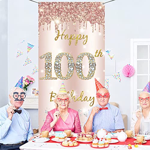 100e verjaardag decoratie vrouwen, Gelukkig 100e verjaardag deur banner roos goud, 100e verjaardag stof schild poster deur decoratie, 100e verjaardag achtergrond banner dames, verjaardag feest welkom teken 3